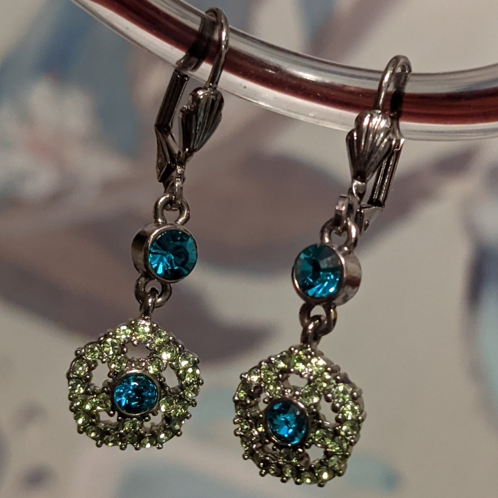 Pierced Earrings Silver Tone Turquoise & Green Crystal Dangling EUC